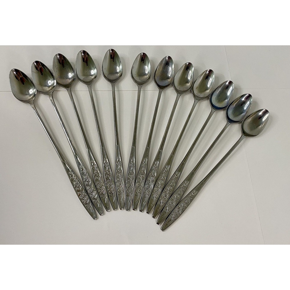 Eldan Stainless Japan ELD18 Pattern Textured Roses 12 Iced Tea Spoons 8 1/8"